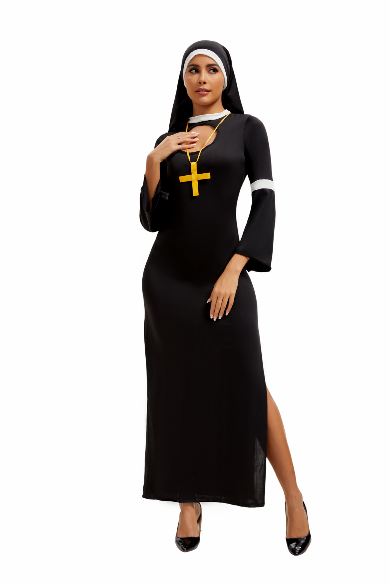 Sexy Cosplay Nun Costumes 3 Piece Sets Cutout Split Maxi Dresses